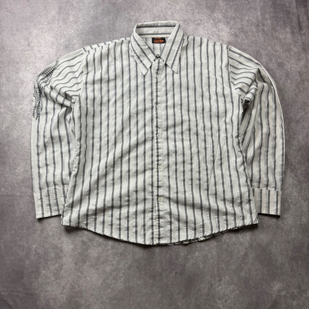 Osyob New Generation Mens XXL Button Down Shirt Striped Embroidered Y2K White